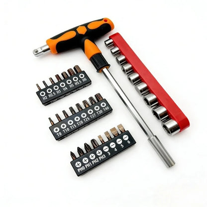 Multifunctional Screwdriver and Socket Set T-shape Handle Torx Hex Cross Flat Bits Household Repair Hand Tools for DIY