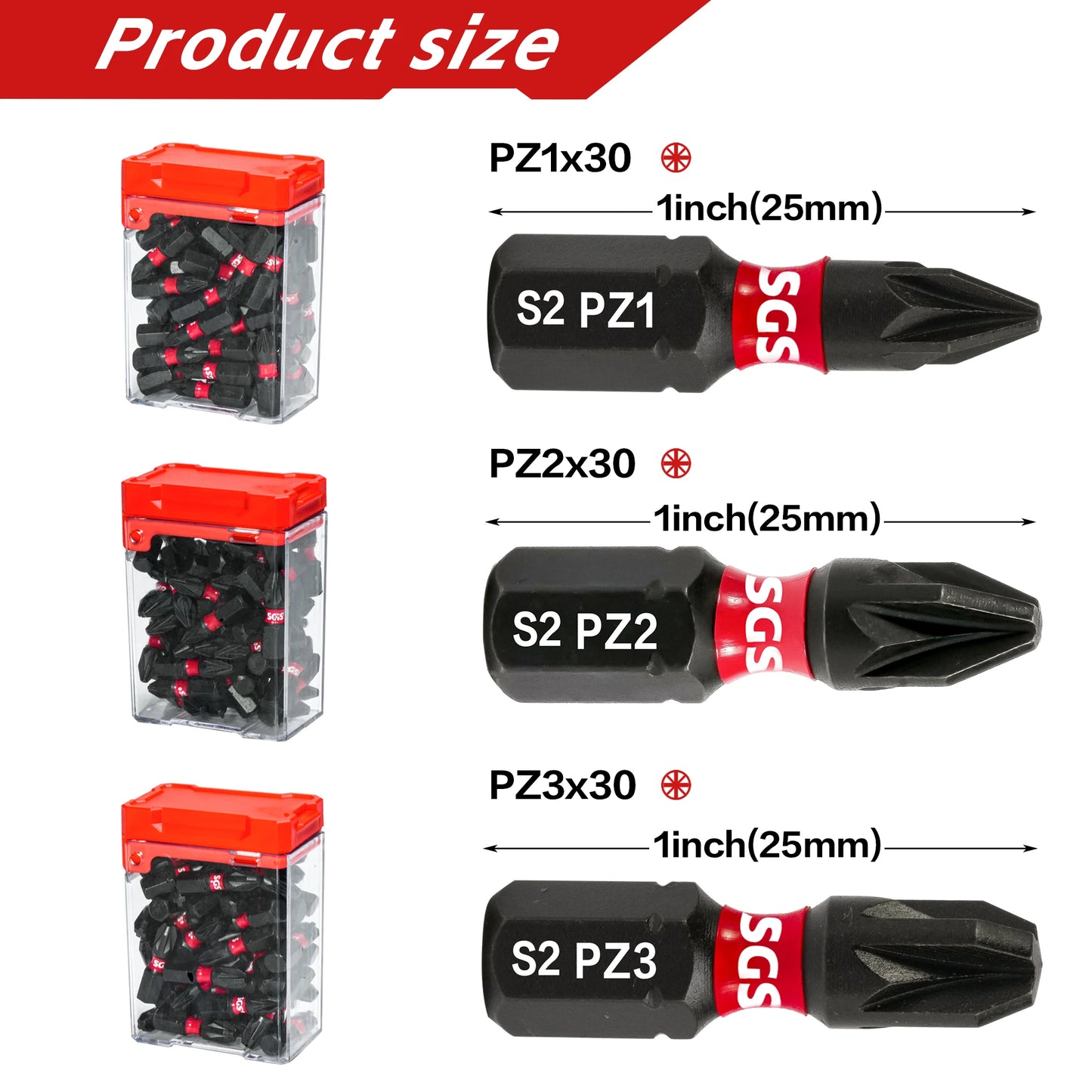 30PCS Pozidriv Screwdriver Bits PZ1 PZ2 PZ3 Options, 25mm S2 Steel Impact Driver Bits, 1/4" Hex for Woodworking & Construction