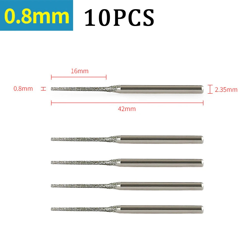 7/10PCS 0.8/1/1.2/1.5/1.8/2/2.5mm Diamond Coated Drill Bits with 2.35mm Shank Glass Jade Amber Jewelry Diamond Drill Bit