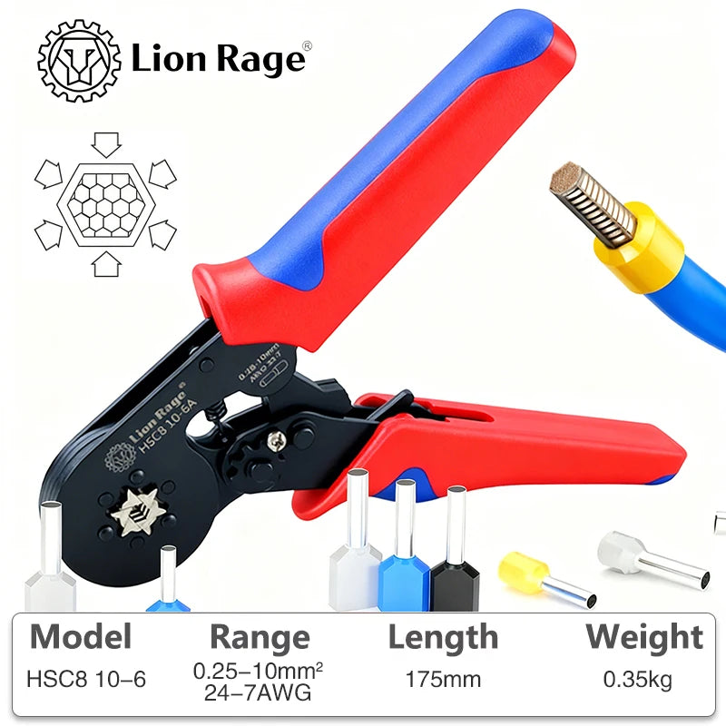 Crimping Tool HSC8 6-4 0.25-10mm for Ferrule Tubular Terminals ² 23-7AWG Ferrule Crimping Clamp Set Wire Head Electrician Tools