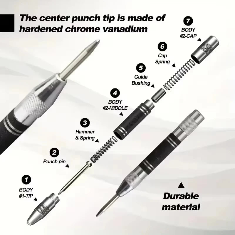 Adjustable Automatic Center Punch Spring Loaded Locator for Woodworking Metal Drill Center Pin Press Dent Marker Hand Tool