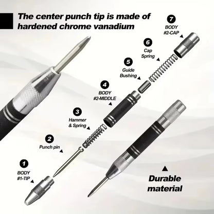 Adjustable Automatic Center Punch Spring Loaded Locator for Woodworking Metal Drill Center Pin Press Dent Marker Hand Tool
