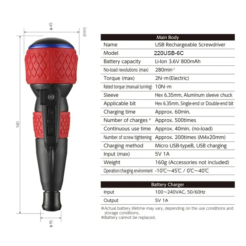 VESSEL Franchise Screwdriver Series NO.220USB-S1,NO.220USB-6C,NO.220USB-1C Electric Drive, Rechargeable Screwdriver