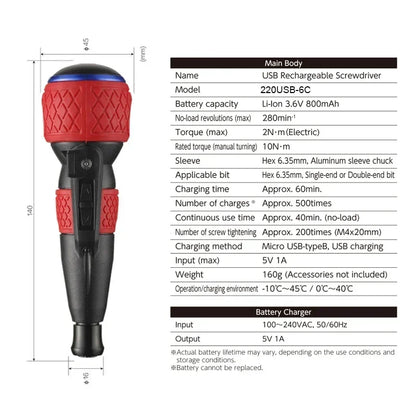 VESSEL Franchise Screwdriver Series NO.220USB-S1,NO.220USB-6C,NO.220USB-1C Electric Drive, Rechargeable Screwdriver