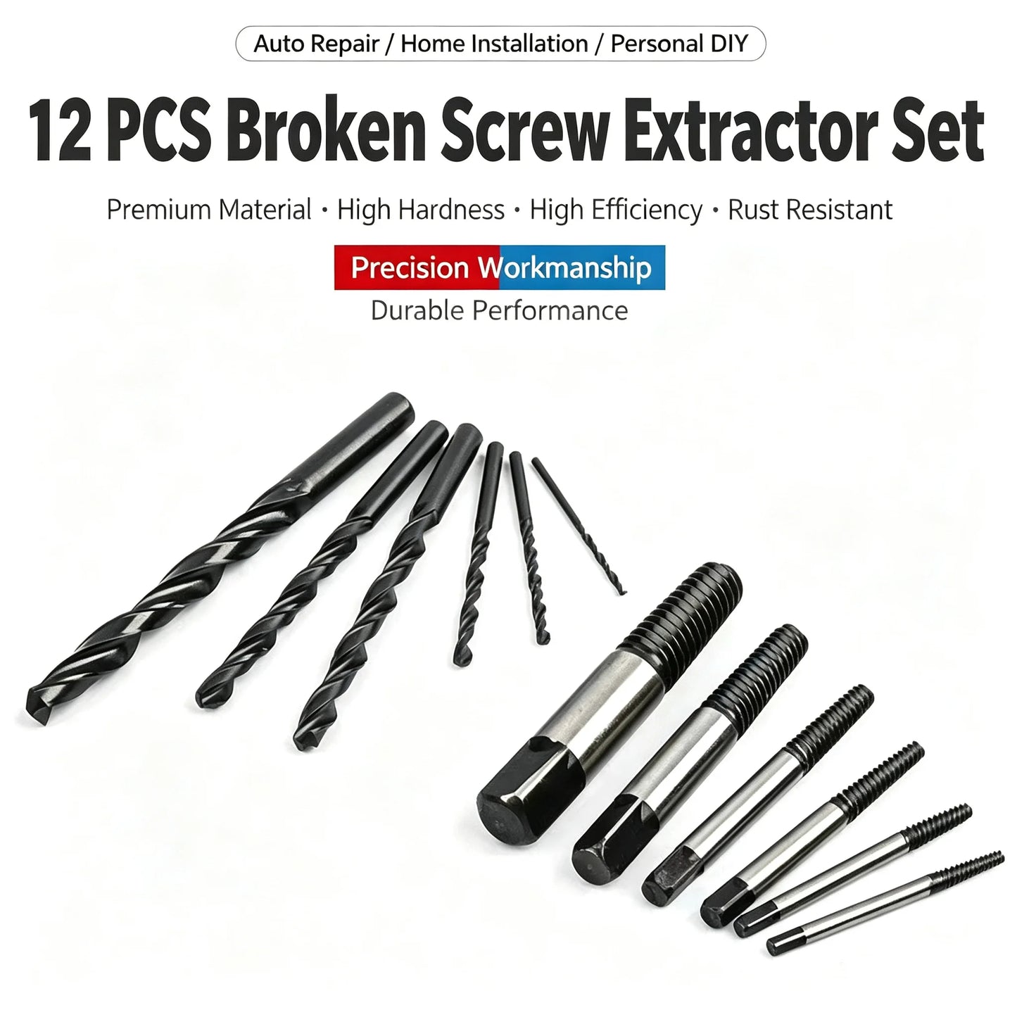 12Pcs Broken Screw Extractor Set With Twist Drill Bits Damaged Bolt Remover Tool Kit For Auto Repair Home DIY Hardware Tools Wit