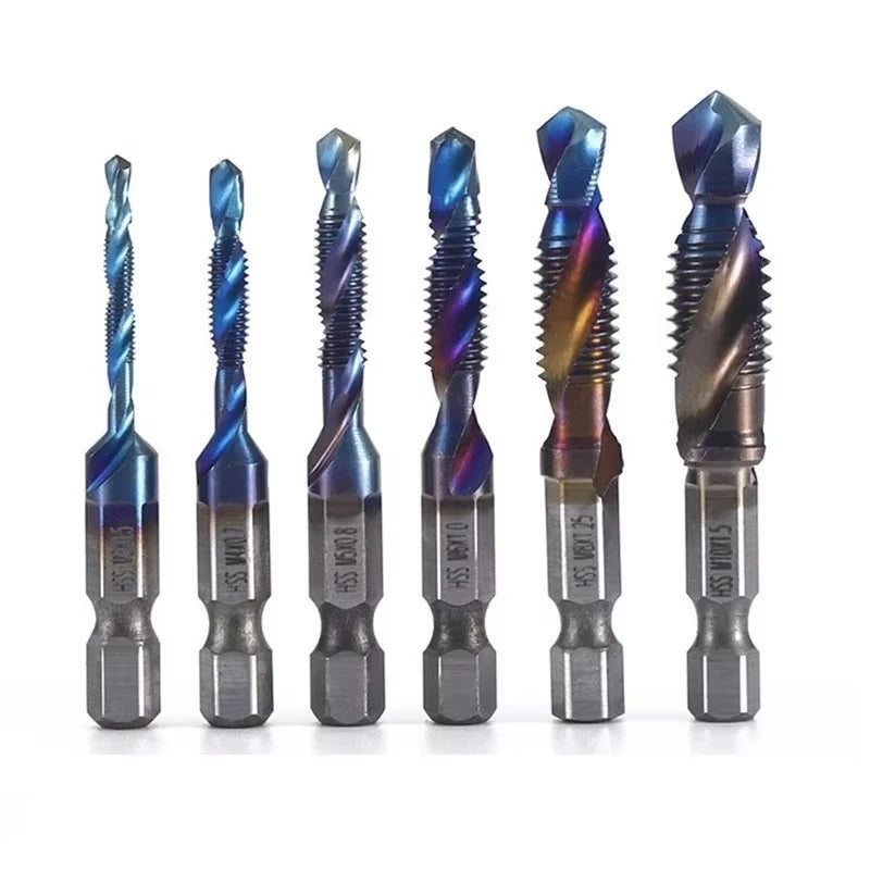 M3 M4 M5 M6 M8 M10 Tap Drill Titanium Plated Hex Shank HSS Screw Machine Compound Hand Tools Metric Thread Tap Drill Bits Set