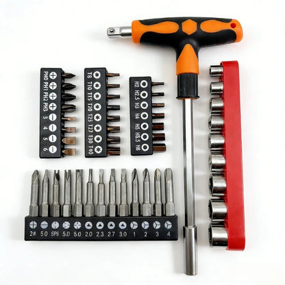 Multifunctional Screwdriver and Socket Set T-shape Handle Torx Hex Cross Flat Bits Household Repair Hand Tools for DIY