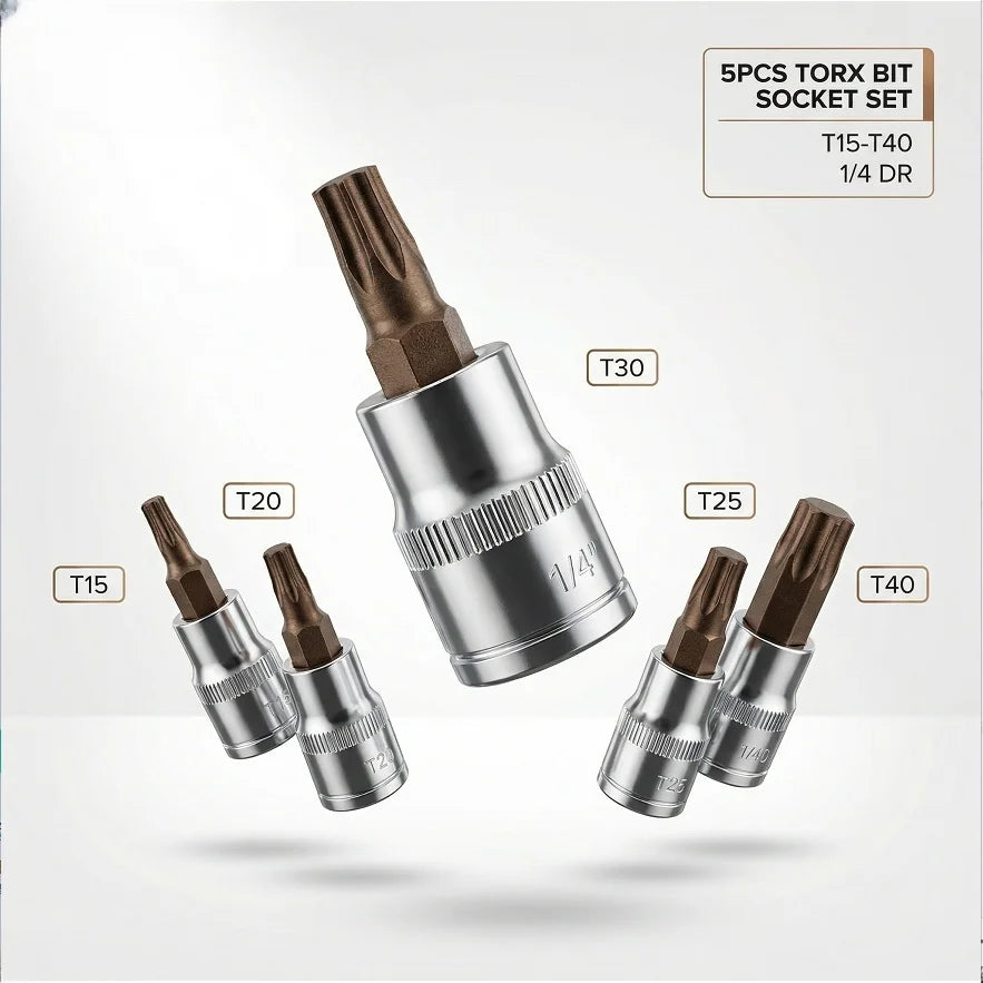5pcs 1/4 Inch Drive Torx Bit Socket Set T15 T20 T25 T30 T40 S2 Steel High Torque Star Screwdriver Bits for Ratchet Wrench