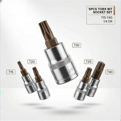 5pcs 1/4 Inch Drive Torx Bit Socket Set T15 T20 T25 T30 T40 S2 Steel High Torque Star Screwdriver Bits for Ratchet Wrench