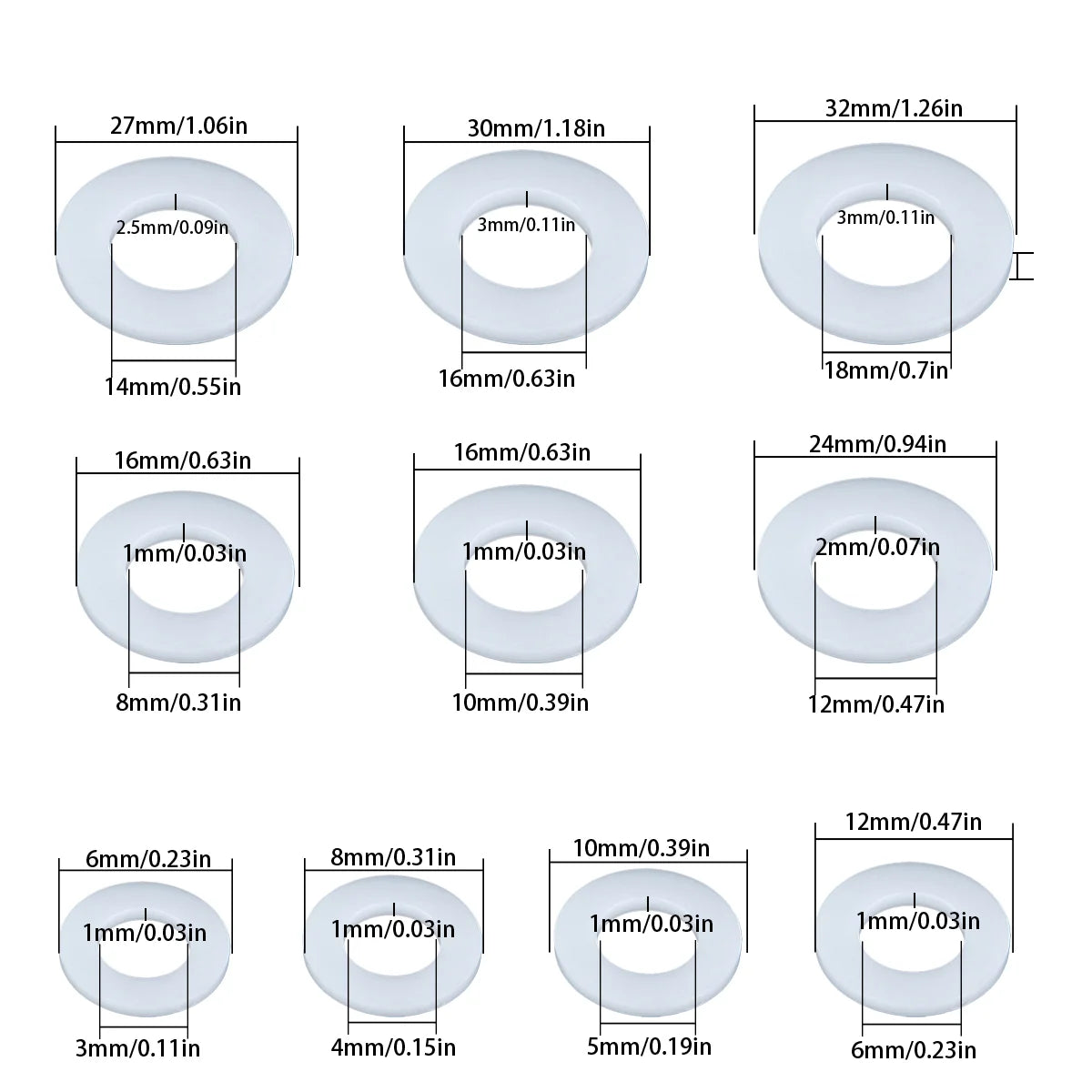 220-piece white nylon flat washer set: sizes M2-M18, plastic nylon washers, plastic flat washers, O-rings.
