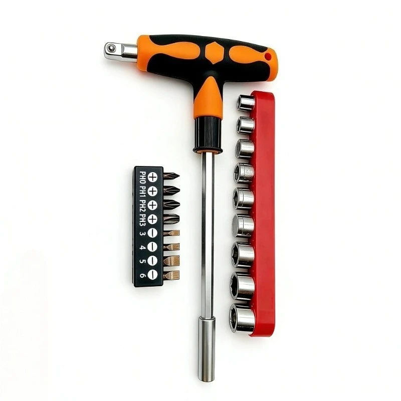 Multifunctional Screwdriver and Socket Set T-shape Handle Torx Hex Cross Flat Bits Household Repair Hand Tools for DIY