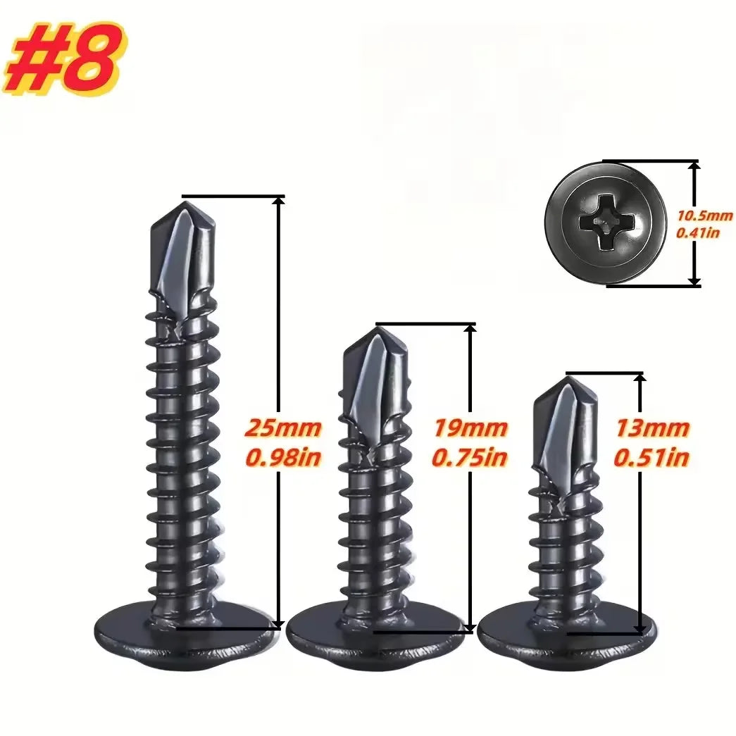 100/300-Pack Black Self-Drilling TEK Screws 410 SS 8.8 Grade Phillips Head 13-25mm Rust-Resistant for Metal/Wood/Plastic DIY Rep