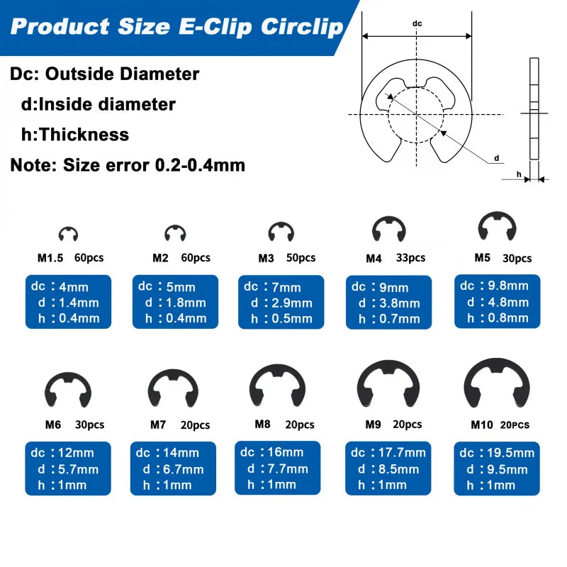 343Pcs M1.5-M10 Black Alloy Steel E Clip Set External Retaining Rings Metric Circlip for Shaft Bearing Hardware Fasteners