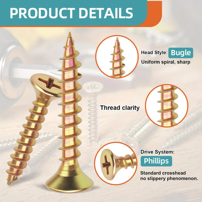 1350pcs Carbon Steel Phillips Wood Screws Assortment Kit, Flat-Head And Phillips Designs, Common Sizes M3.5/M4/M5/#8, Heavy Duty Self-Tapping Fasteners with Anti-Slip Matching Wrench, Sturdy Double Layer Storage Box, Hardware Supplies for Woodworking