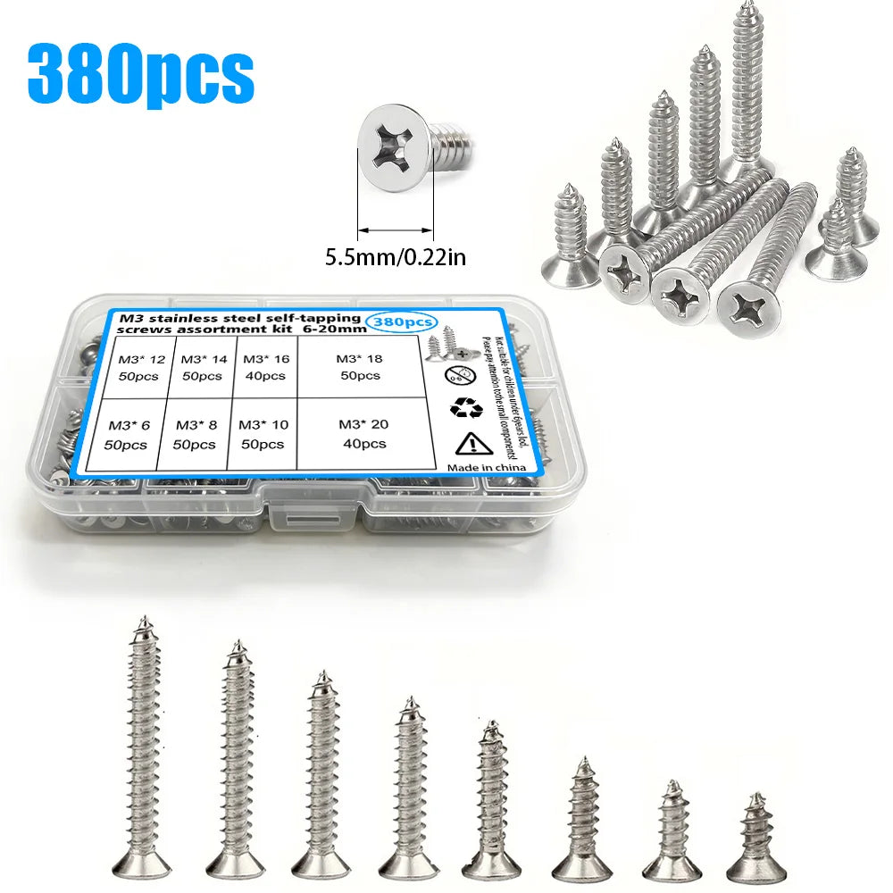 380-Piece Set of Stainless Steel Self-Tapping Screws M3,Length 6-20mm,for Home Repair and Installation, Fastening Wood and Metal