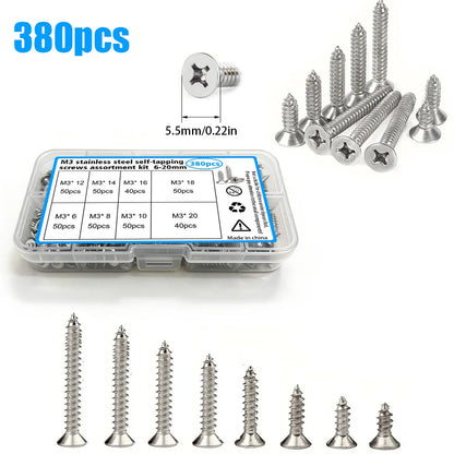 380-Piece Set of Stainless Steel Self-Tapping Screws M3,Length 6-20mm,for Home Repair and Installation, Fastening Wood and Metal