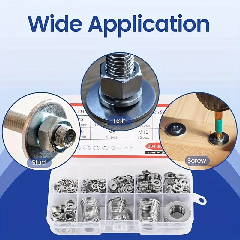 180pcs Stainless Steel Washer Set, M2-M10 Size, Easy to Install, Durable Material, Ideal for DIY Projects/Machinery