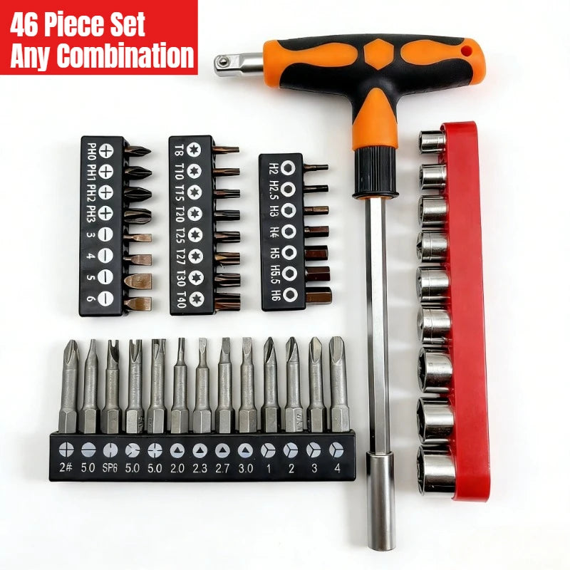 Multifunctional Screwdriver and Socket Set T-shape Handle Torx Hex Cross Flat Bits Household Repair Hand Tools for DIY