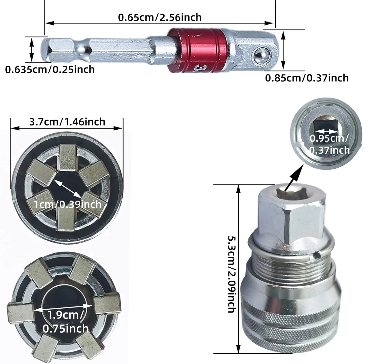 Universal Socket Tool 10-19mm (3/8"-3/4") with 3/8" Drill Adapter, Pass-Thru Socket Set for Mechanical Repair