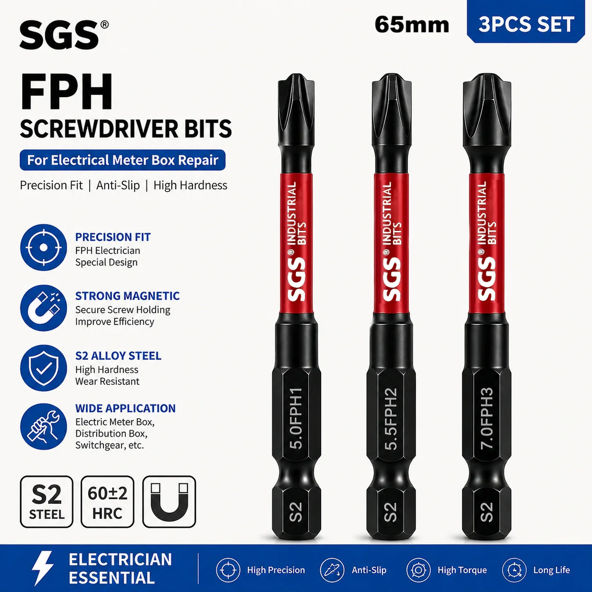 FPH Electrician Screwdriver Bit Set 65mm Magnetic S2 Steel Driver Bits for Meter Box Distribution Cabinet Circuit Breaker Electrical Equipment Repair
