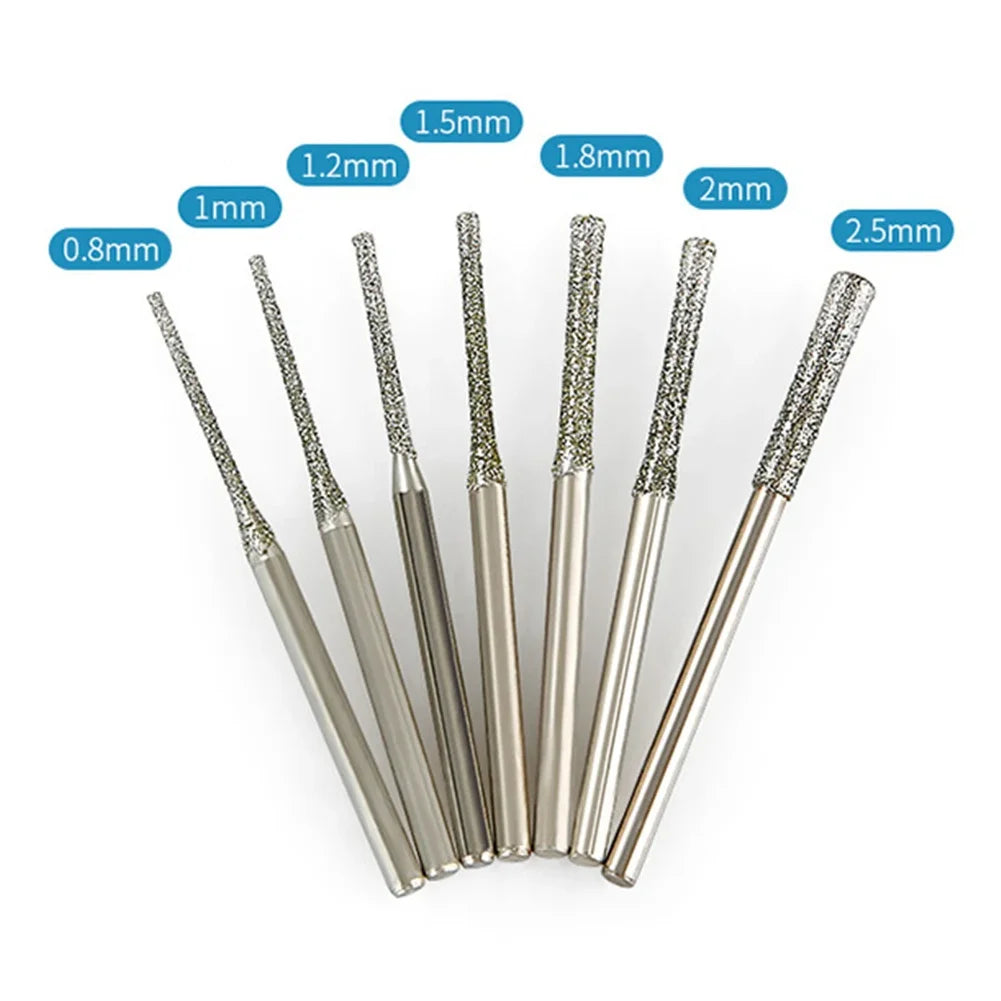7/10PCS 0.8/1/1.2/1.5/1.8/2/2.5mm Diamond Coated Drill Bits with 2.35mm Shank Glass Jade Amber Jewelry Diamond Drill Bit