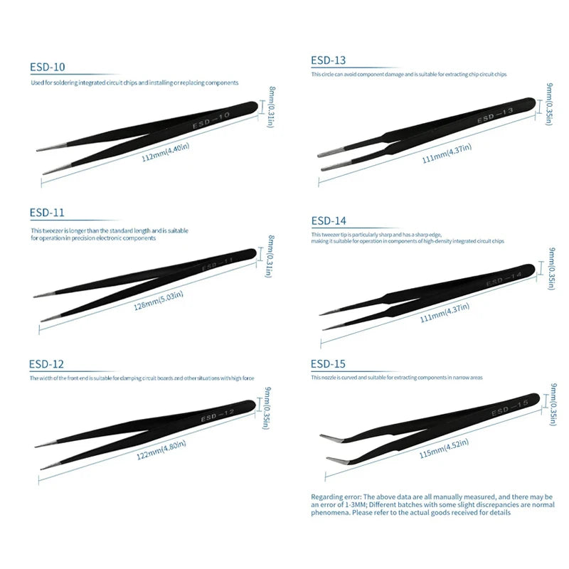 6pcs Precision Tweezer Set ESD Anti-Static Non-magnetic Tweezers for Electronics Craft Laboratory Work Jewelry-Making Hand Tool