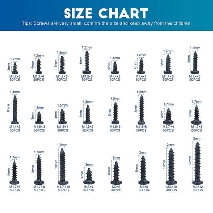 1100pcs Round Pan Head Tapping Screws Set M1.2 M1.4 M1.5 M1.7 M2  Mini Screw laptop computer screw Phillips Screw kit
