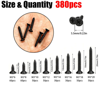 380 Black Self-Tapping Screws (6mm, 8mm, 10mm, 12mm, 14mm, 16mm, 18mm, 20mm), Wood Screw Locking Kit