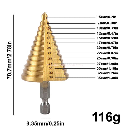5-35 Gold Titanium Plate Pagoda Drill Hexagonal Straight Groove Step Drill Bit Wood Plastic Aluminum Hole Expand Tool Accessory
