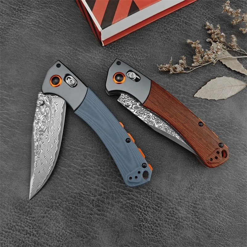 BM 15080 Damascus Steel Blade Wooden/G10 Handle Outdoor Camping Hiking Cutting Rescue Pocket Knife EDC Fishing Tool Gift for Men