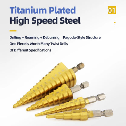 TOOLEYE HSS Titanium Step Drill Bit Stage Drills For Metal Wood High Speed Stepped Drill Set Power Tools 3-12 4-12 4-20 4-32mm