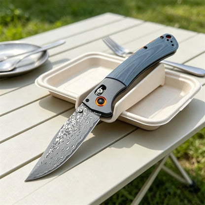 Damascus Steel Folding Pocket Knife BM 15080 with Wood & Blue G10 Handle Heavy-Duty Outdoor Cutting Tool for Daily & Outdoor Use