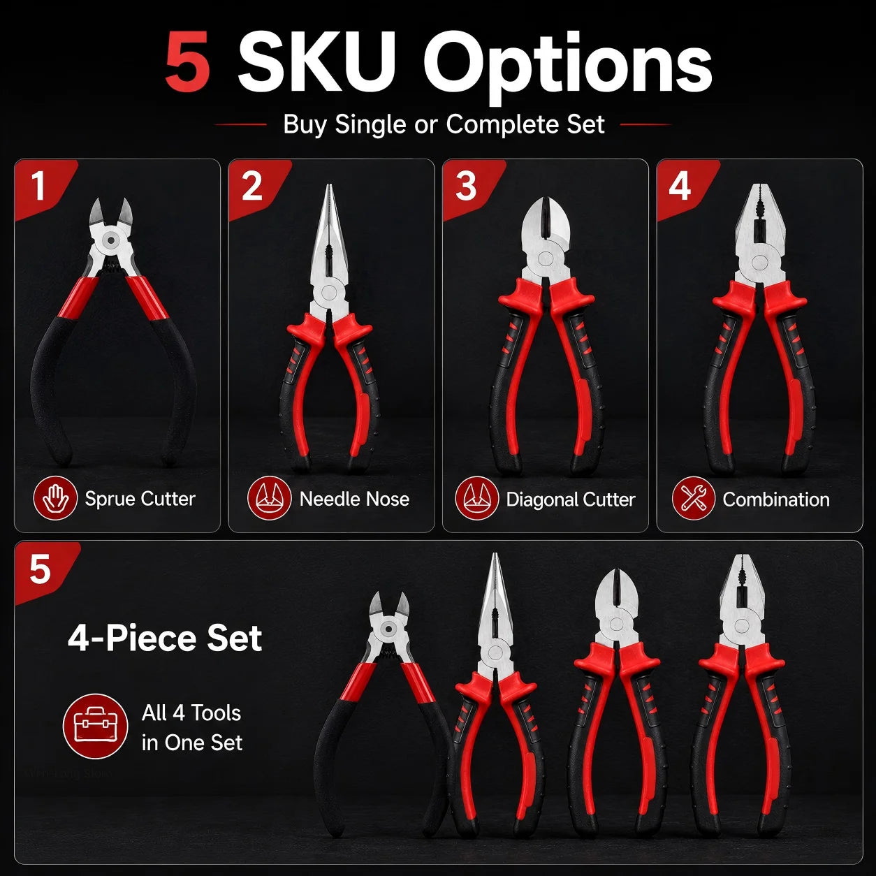 4 Types Pliers Set, Sprue Cutter Needle Nose Diagonal Cutter Combination Pliers for Wire Cutting Twisting Gripping DIY Repair