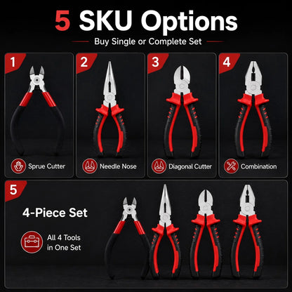 4 Types Pliers Set, Sprue Cutter Needle Nose Diagonal Cutter Combination Pliers for Wire Cutting Twisting Gripping DIY Repair