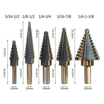 5Pcs Step Drill Bit Set HSS Cobalt 50 Sizes Conical Hole Cutter Titanium Coated Carbide Drill Bits Punch Tool for Stainless Steel Iron Sheet Metal Wood Plastic Aluminum Drilling Hardware Industrial Grade