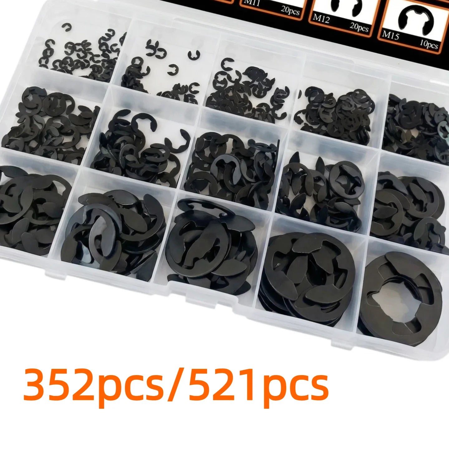 352/521Pcs Black Carbon Steel External Snap Retaining Rings Assortment Kit C-Clips E-Clips for Shaft Axle Studs Hardware