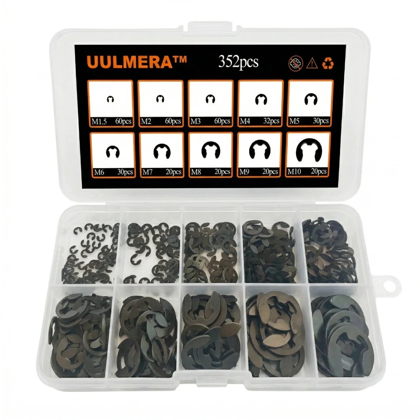 352/521Pcs Black Carbon Steel External Snap Retaining Rings Assortment Kit C-Clips E-Clips for Shaft Axle Studs Hardware