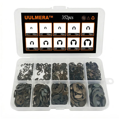 352/521Pcs Black Carbon Steel External Snap Retaining Rings Assortment Kit C-Clips E-Clips for Shaft Axle Studs Hardware
