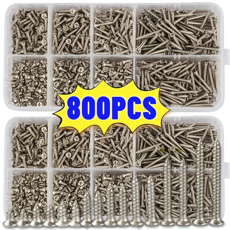 Set of 800 Self-Tapping Wood Screws, M2 Phillips Flat Head Screws for Sheet Metal, Assortment Kit of Self-Screws with Lock Nuts