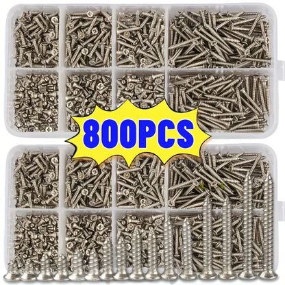 Set of 800 Self-Tapping Wood Screws, M2 Phillips Flat Head Screws for Sheet Metal, Assortment Kit of Self-Screws with Lock Nuts