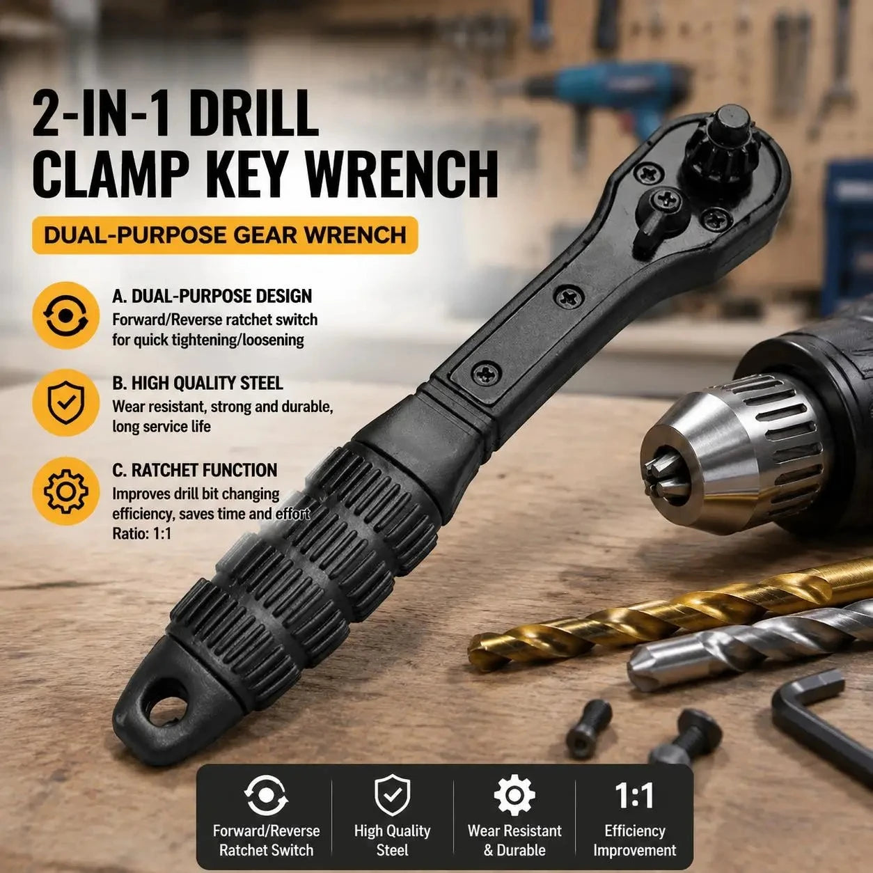 2 in 1 Drill Chuck Key Wrench Dual Head Ratchet Spanner Universal Clamping Tool 12 7mm 17 5mm for Drill Press Hand Electric Drill Machine Lathe Tooling Chucks Replacement Hardware Hand Tools Premium Quality Steel Construction