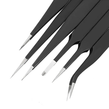 6Pcs Antistatic Stainless Steel Tweezers Precision Repair Curved Hand Tools