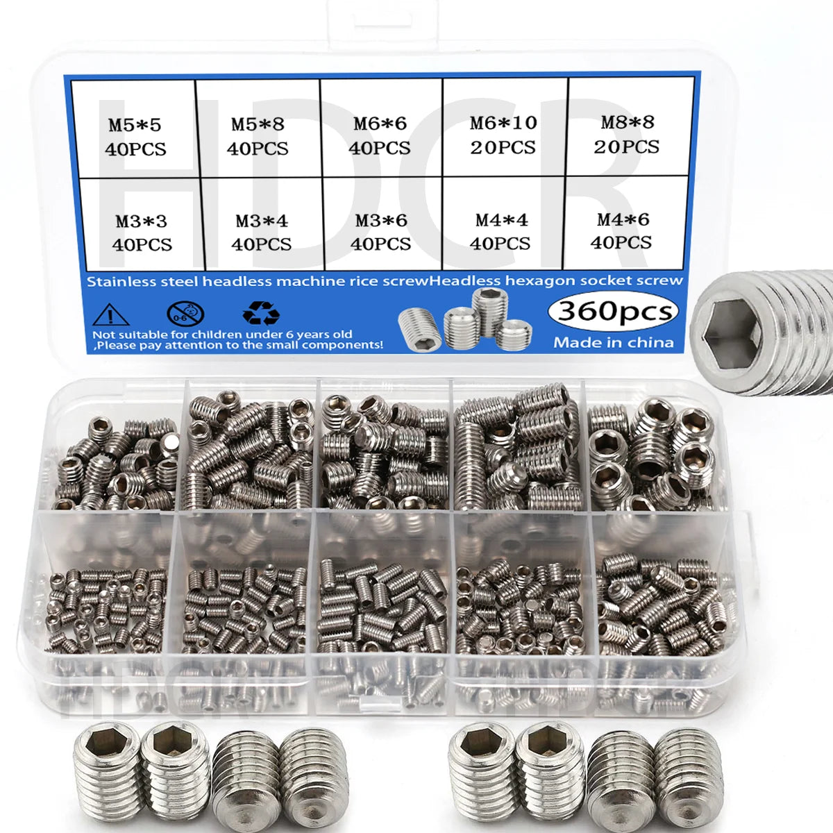 360-piece stainless steel headless hex socket screw set - M3/M4/M5/M6/M8 hex socket screws, num screws, machine screws