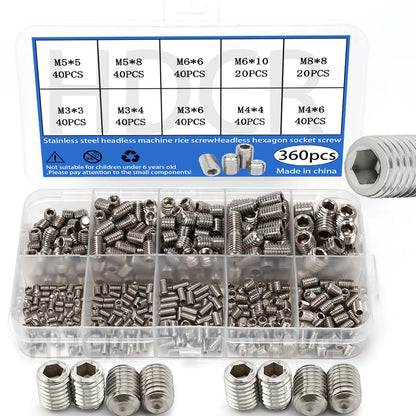 360-piece stainless steel headless hex socket screw set - M3/M4/M5/M6/M8 hex socket screws, num screws, machine screws