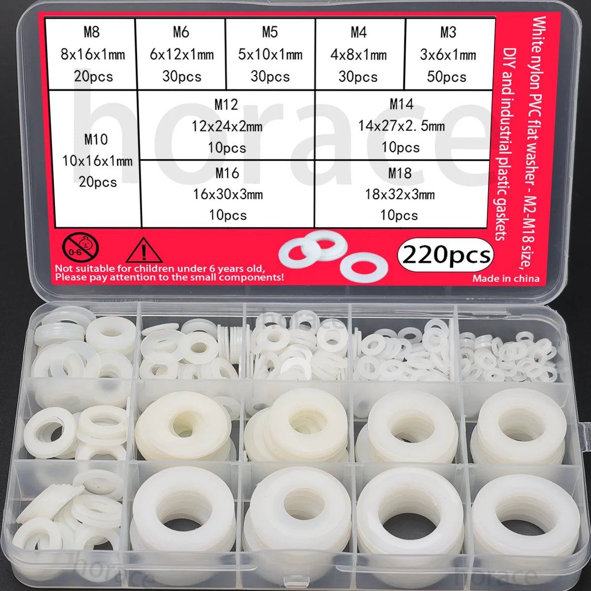 220-piece white nylon flat washer set: sizes M2-M18, plastic nylon washers, plastic flat washers, O-rings.