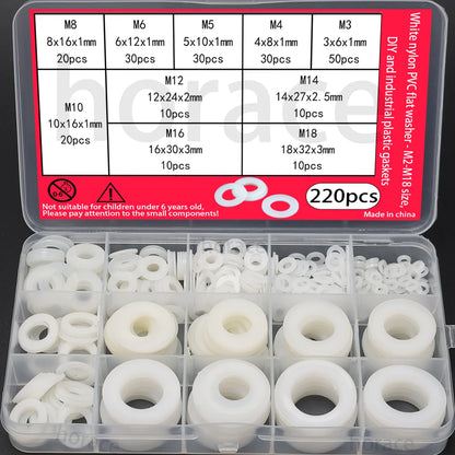 220-piece white nylon flat washer set: sizes M2-M18, plastic nylon washers, plastic flat washers, O-rings.