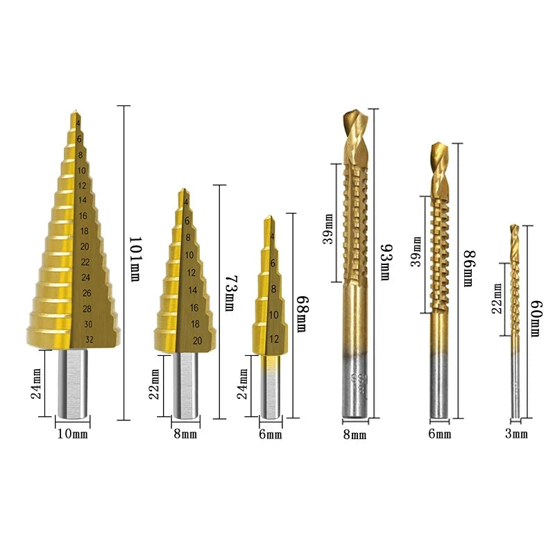 6Pcs Step Saw Drill Bit Set,HSS Titanium Drill Bits Kit for Metal Iron&Wood, 4-12 4-20 4-32mm 3 6 8mm Drilling Hole Cutter Tools