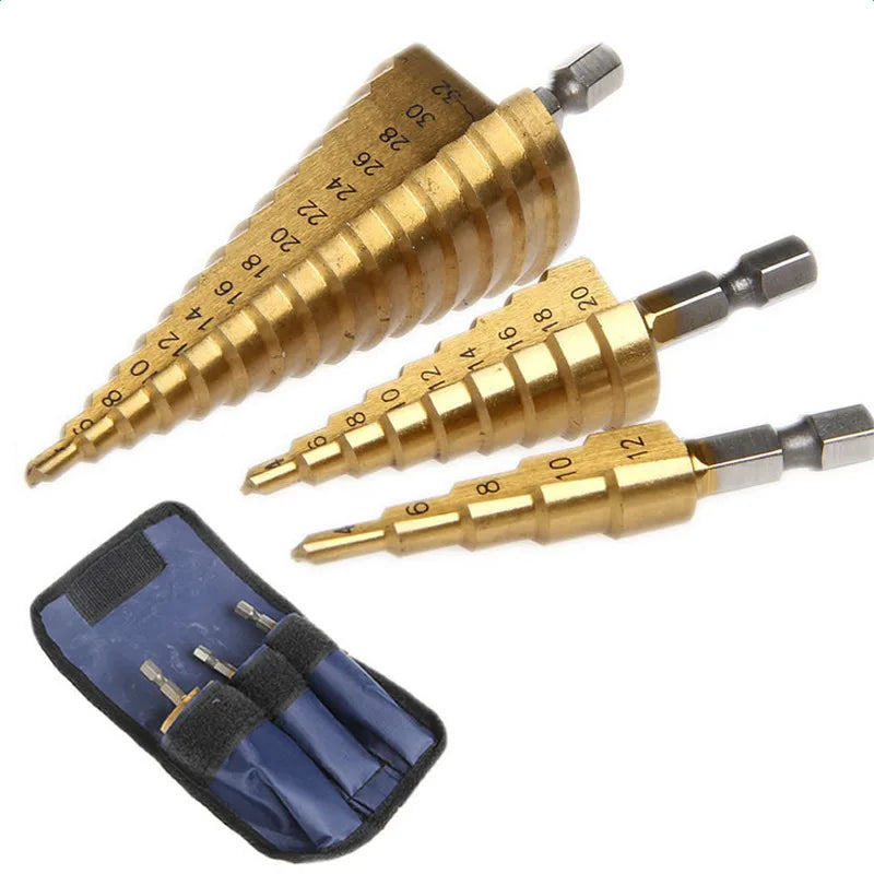 3pc HSS Step Drill Bit Set Cone Hole Cutter Taper Metric 4 - 12 / 20 / 32mm 1 / 4 'Titanium Coated Metal Hex Core Drill Bits