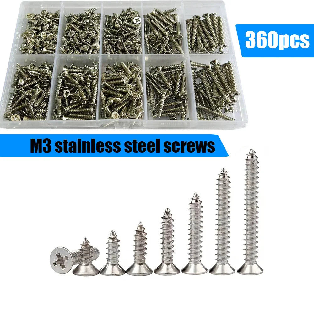 360-Piece Set of M3 Self-Tapping Screws (10mm, 12mm, 16mm, 18mm, 20mm), for Home Repair and Installation, Wood Fasteners.