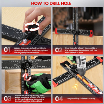 35cm/14in Adjustable Angle Ruler T Square Ruler-Drilling Positioning Ruler Cabinet Hardware Jig Drawer Installation Woodworking